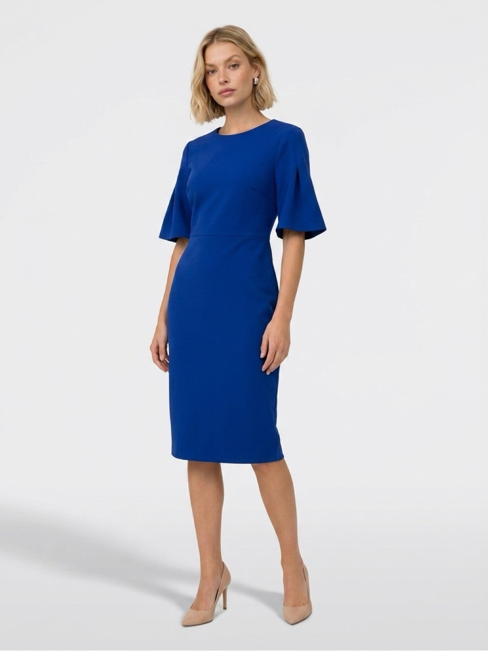 NWT Vintage Y2K Calvin Klein Cobalt Blue Midi Sheath Dress w Flutter Sleeves